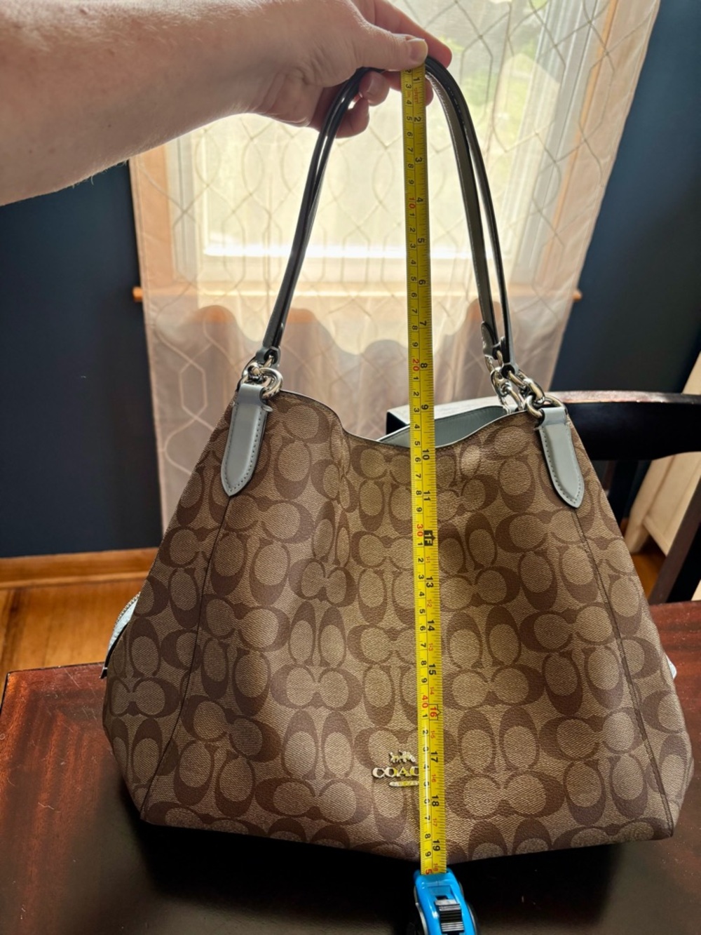 Coach Large Signature Canvas Shoulder Bag with Light Blue Trim - Picture 10 of 11